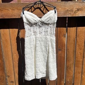 white strapless mini dress, lace and cotton, Bardot, sheer lace with boning